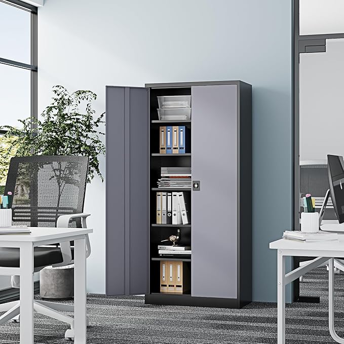 71” Tall Metal Storage Cabinet- Steel File Cabinets with Lockable Doors and Adjustable Shelves-Black&Gray Steel Storage Cabinet for Home,Kitchen, School, Office, Garage