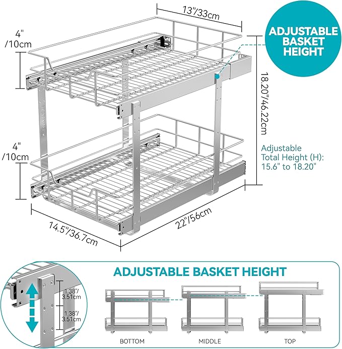 2 Tier Pull Out Cabinet Organizer 15" W X 22" D, Slide Out Drawers For Kitchen Cabinets, Pull Out Drawers For Cabinets Capacity Heavy Duty Caddy, Cabinet Pullout Shelves Chrome-Plated,Bathroom Pantry | Slide Out Drawers, For Kitchen Cabinets, Heavy Dut...