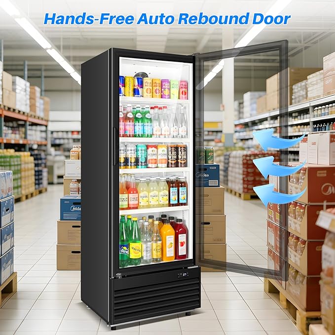 Commercial Beverage Refrigerator, 24.5" Glass Door Display Fridge, 15 Cu.Ft Freestanding Beverage Cooler with 4 Adjustable Shelves, Auto Rebound Door, Low Noise, for Shops, Restaurants & Bars, Black