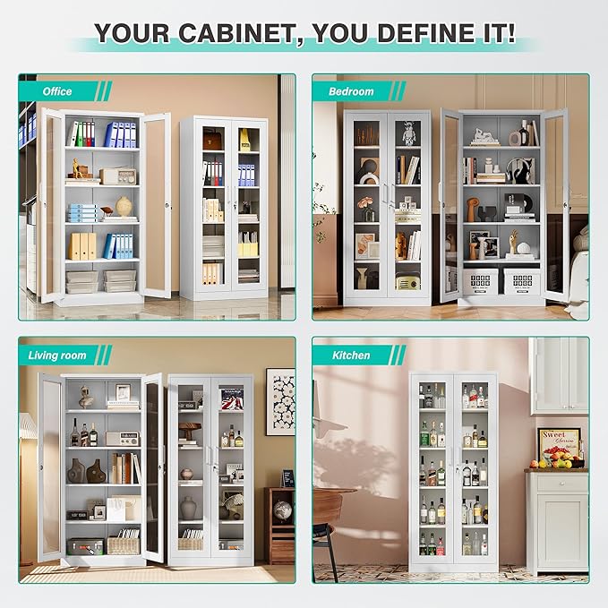 Metal Storage Cabinet with Lock and Glass Doors,71" Tall Glass Display Cabinet,White Storage Cabinets,Locking Curio Cabinets with 5 Shelves for Collectibles,Home,Office,Living Room