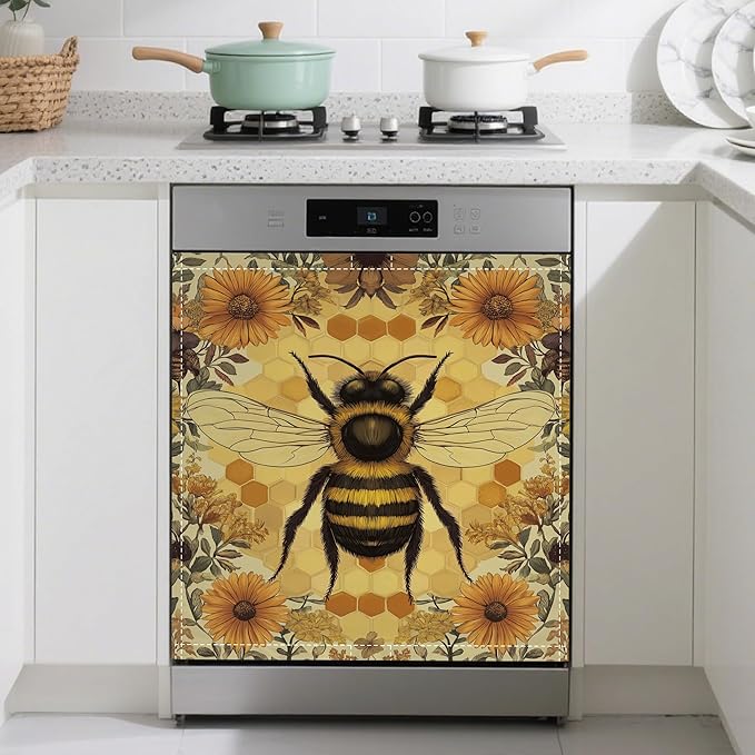 Animal Bee Dishwasher Magnets Decorative Cover,Beehive Floral Magnet Fridge Panel Decal for Home Kitchen Decor,23x26 in