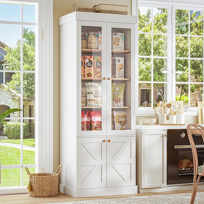 Vyre 71" Tall Farmhouse Kitchen Pantry, Large Storage Cabinets with Glass Doors, Freestanding Wood Hutch Cabinet with 3 Drawers, Adjustable Shelves for Living Room, Dining Room, Set of 4