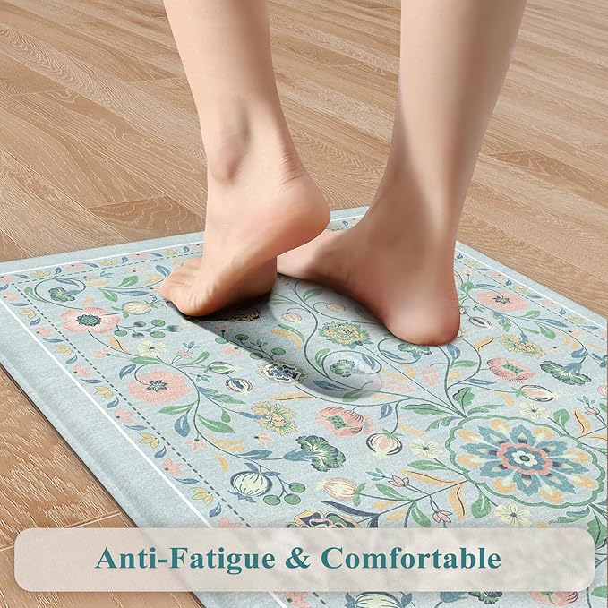 KIMODE Comfort Anti Fatigue Mats for Kitchen Floor,Boho Floral Kitchen Rugs Sets of 2 Non Slip,Cushioned Memory Foam Kitchen Mat Carpet for Laundry Sink Bathroom Office,Blue