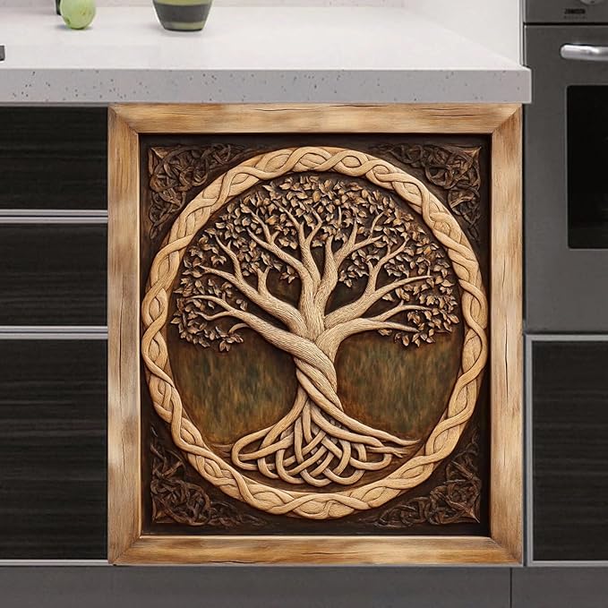 Wood Tree of Life Dishwasher Magnet Cover Skin Panel Decal, 3D Wood Sculpture Tree of Life Refrigerator Magnet Door Cover Vinyl Dishwasher Sticker - 23" W x 26" H Magnetic