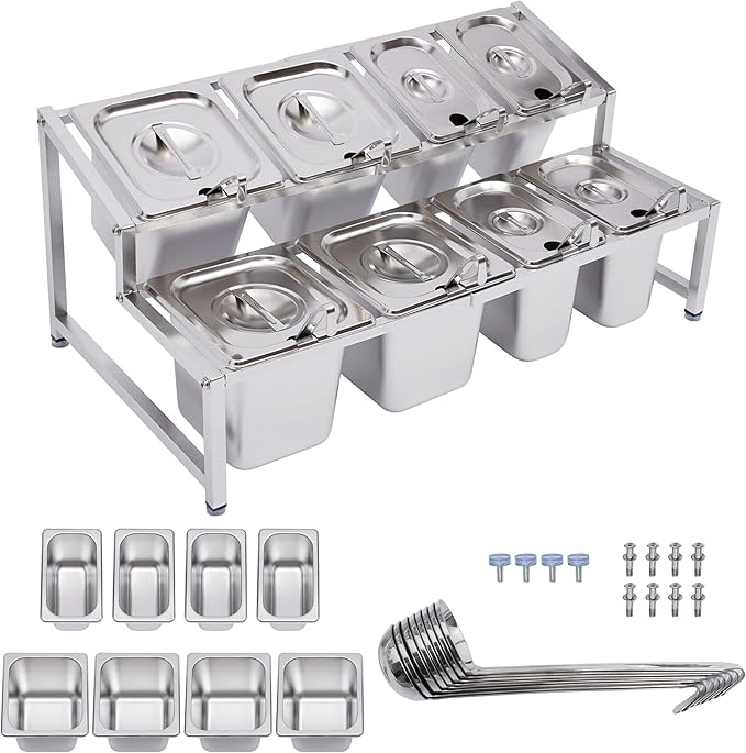 Pizza Topping Station Organizer Condiment Container Dispenser with 8 Pans & Lids, Stainless Steel Ingredients Food Container Countertop Spice Rack Shelf Holder for Seasoning Sauce Salad Jam Fruits