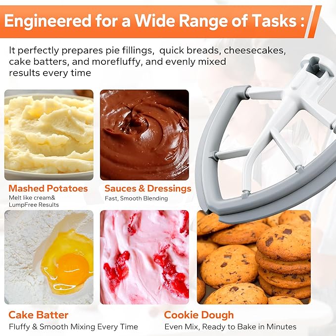 Flex Edge Beater for KitchenAid,4.5-5 Quart Mixer Compatible With kitchen Aid Accessories and Attachments, Mixer Attachement Fits Tilt-Head Stand Mixer Bowls,With Soft Silicone Edges,Grey