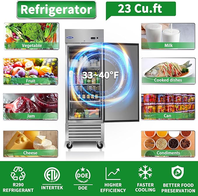 27" W Commercial Reach-In Upright Refrigerator - Single Door Stainless Steel Fridge, 23 Cu.ft Capacity, 3 Adjustable Shelves, Auto Defrost, Digital thermostat control, LED Lighting