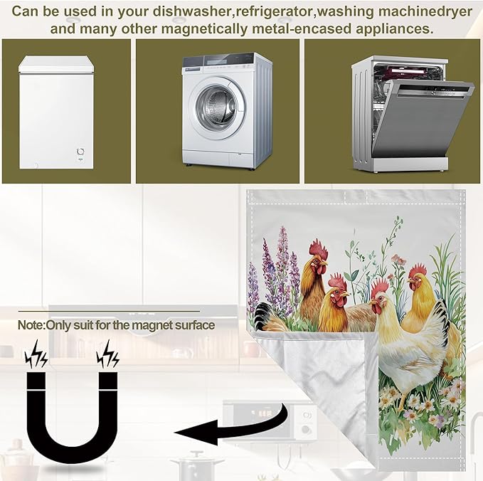 Magnetic Dishwasher Cover,Chicken Rooster Grass Reusable Dishwasher Magnetic Cover Decorative Door Covers Panel for Home Kitcen 23" x 26"