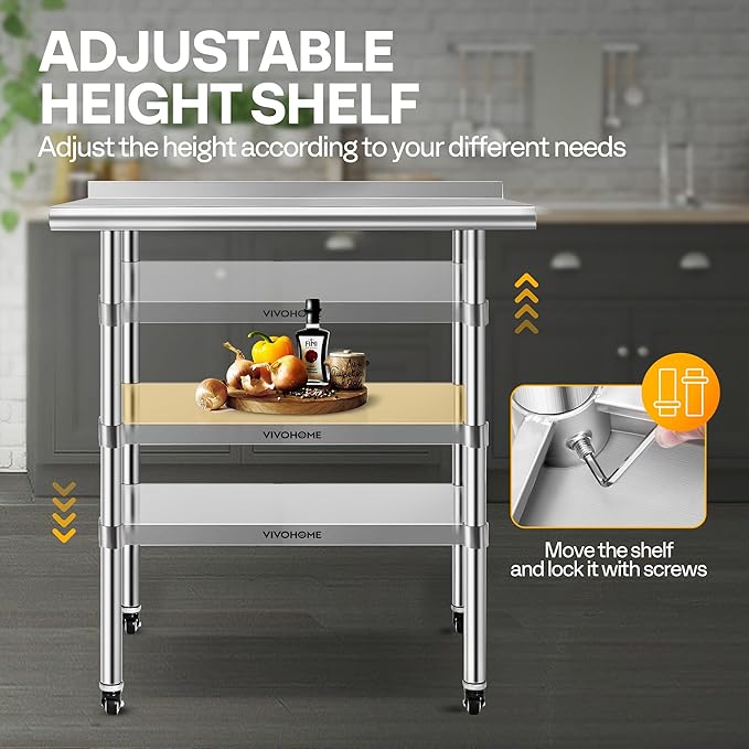 VIVOHOME 24 x 30 Inch Stainless Steel Work Table with Backsplash, Prep Commercial Table with Wheels for Restaurant, Hotel, Home and Warehouse