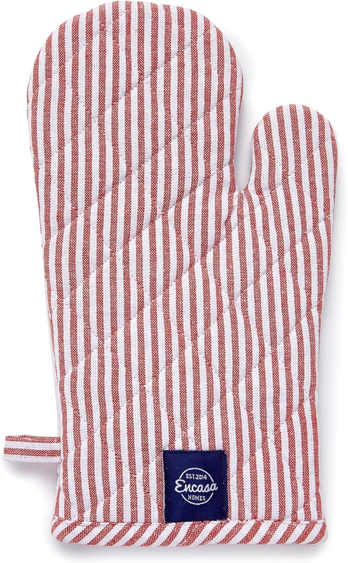 Encasa XO Long 12"x7" Oven Microwave Hand Gloves Mitts (2 pc Set) for Kitchen Cooking & Baking - Heat Resistant, Thick & Safe, Protection of Hands from Hot Utensils - Ticking Red