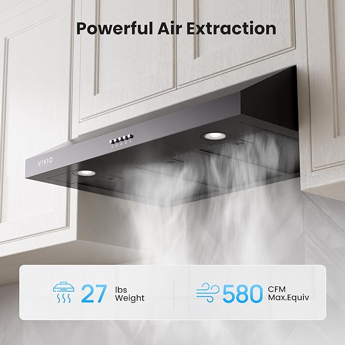 Under Cabinet Range Hood 30 Inch, 580 CFM Dual-Motor Kitchen Vent with LED Lights, Button Control, Ducted Stainless Steel Vent Hood, Reusable 5-Layer Aluminum Filters, Black