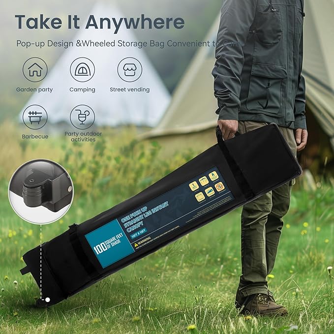 PHI VILLA 10x10ft 1-Person Setup Pop Up Canopy Tent Instant Portable Shelter w/ 1-Button Push, Case, 4 Weight Bags - Dark & Light Blue