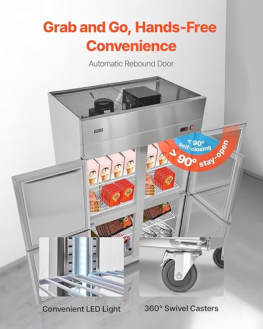 VEVOR Commercial Reach-In Freezer, 48" W, 33 Cu.Ft Stainless Steel Upright Freezer, with 4 Doors, Auto-Defrost, 6 Adjustable Shelves, -11 to 14℉ Temp Control, UL Certified