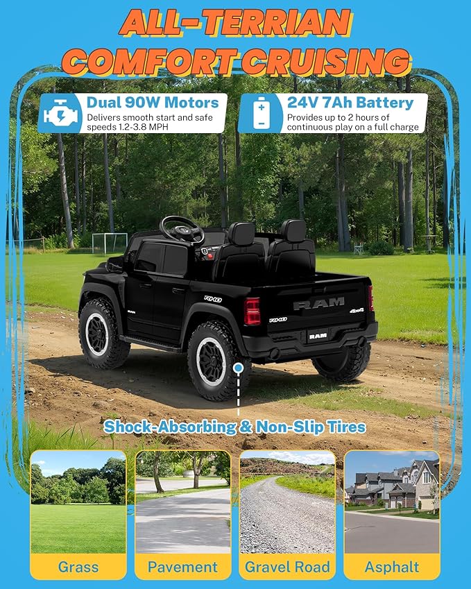 ENYOPRO 24V Ride on Toys for Big Kids, Licensed RAM 1500 RHO 2 Seater Toddlers Ride on Car w/Remote Control, Kids Electric Car w/Truck Bed Storage, Real Tailgate, Music, LED Lights (Black - High Door)
