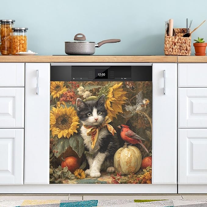 Fall Cat Yellow Sunflowers Dishwasher Magnet Cover Front Door Magnetic Dishwasher Cover Decorative Refrigerator Magnet Covers Appliances Stickers for Home Kitchen, 23" x 26"