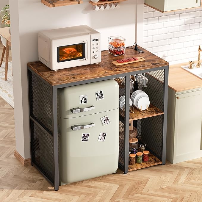 Homieasy Mini Fridge Cabinet Stand with Power Outlet, Coffee Bar Cabinet with Mini Fridge Space, Bar Stand with Microwave Shelf with Wine Rack for Kitchen, Dorm, Rustic Brown