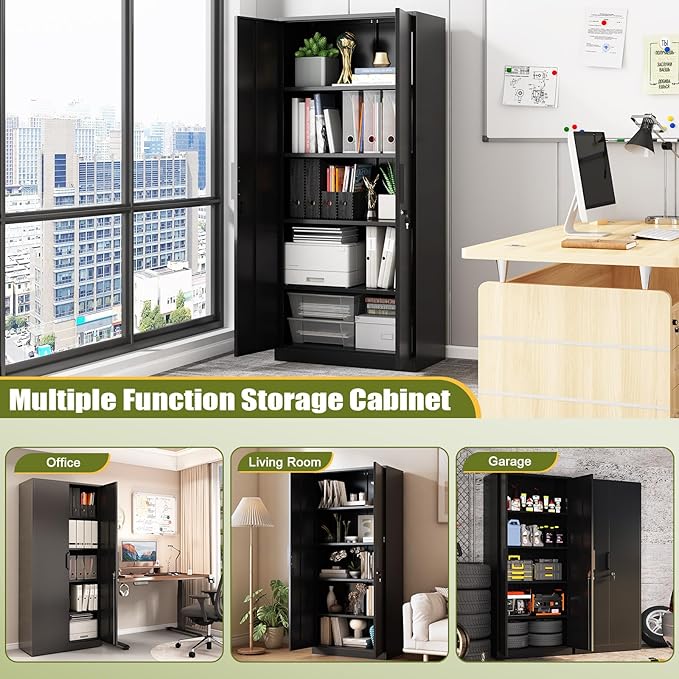 71" H Metal Garage Storage Cabinets, Locking Cabinet with Doors and Shelves, Kitchen Pantry Cabinet, Metal Storage Cabinet for Home/Office/Warehouse, Black