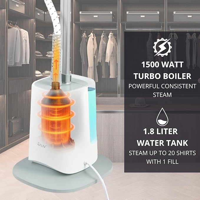 SALAV Standing Garment Steamer with Smart Auto-Off, Adjustable Comfort Board, 6 Steam Setting LED Display for Various Fabric Types, Perfect for Home and Family