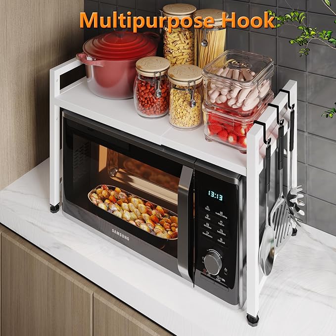 Extendable Microwave Oven Stand, Adjustable Microwave Rack Toaster Shelf, Heavy Duty Rack 2 Tier Kitchen Counter Top Organizer with 7 Hooks for Kitchen