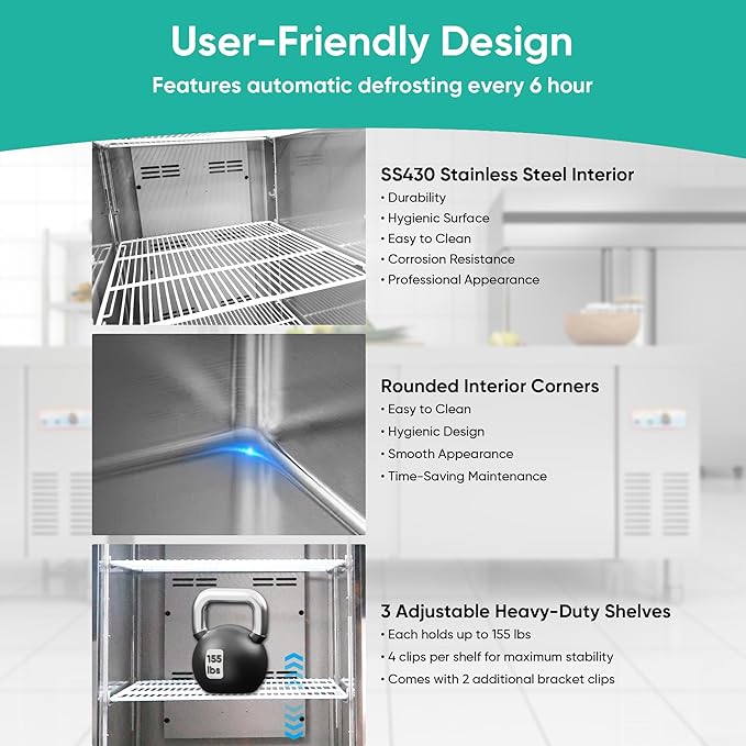 54"Commercial Freezer, 49 Cu.Ft Double Door Stainless Steel Reach-In Freezer, -8~0℉, Air Cooling, 6 Shelves, R290, ETL