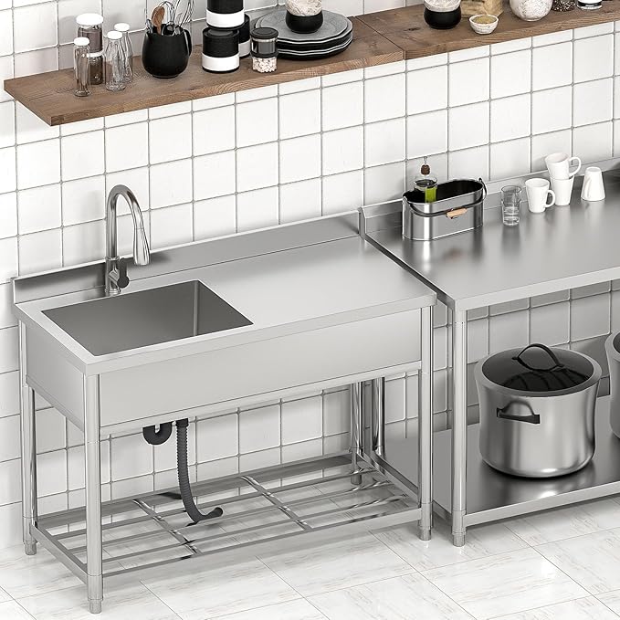 Commercial Sink with Drainboard, Stainless Steel Utility Sink with Pull-out Faucet, Free Standing Single Bowl Kitchen Sink with Workbench for Restaurant, Garage, Outoor, 21.7"D x 47.2"W x 37"H