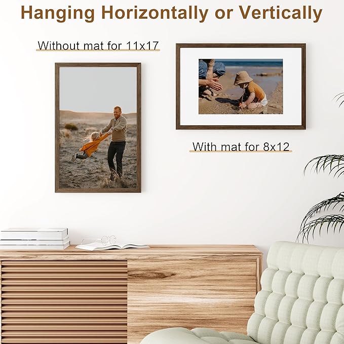 Vittanly 11x17 Picture Frame, Solid Wood Frame with Plexiglass, Includes 8x12 Mat, Wall Hanging or Tabletop for Photos, Home Decor, Brown, 1 Pack