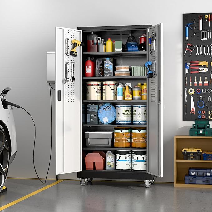 Aobabo Upgraded Garage Storage Cabinets with Wheels,Metal Storage Cabinets with 5 Adjustable Shelves for Garage Home Office Storage, Black&Silver,71''H*32''W*16''D,Assembly Required