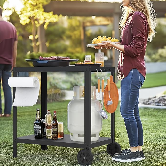 32x20IN Double-Shelves Grill Table, Outdoor Grill Cart for Blackstone Griddle, Movable Pizza Oven Table Cart for Outside Patio, Kitchen Cooking Food Prep Table for Party