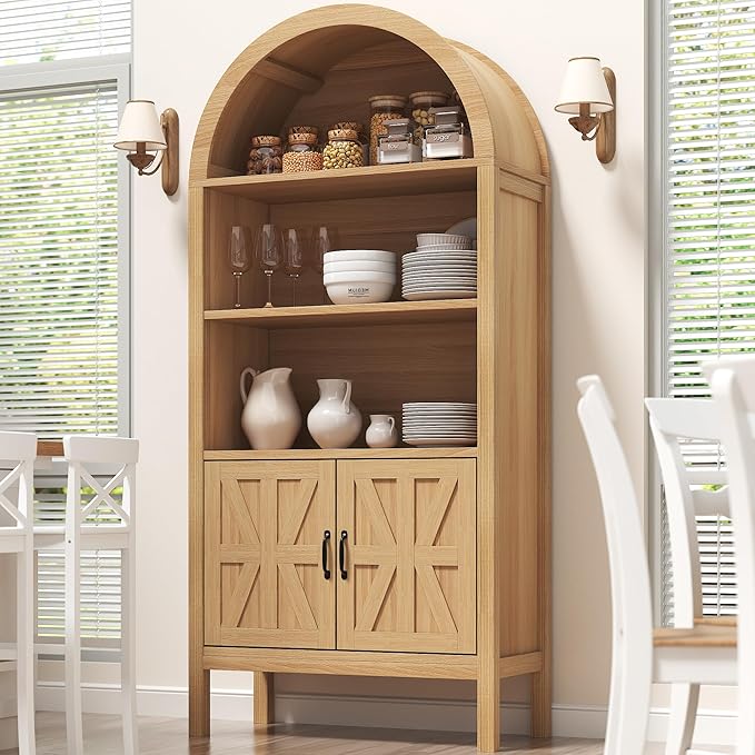 71" Tall Arched Cabinet with Storage, Farmhouse Arched Display Bookcase Cabinet with Door and Adjustable Shelves, Arch Bookshelf Storage Pantry Cabinets for Living Room, Kitchen