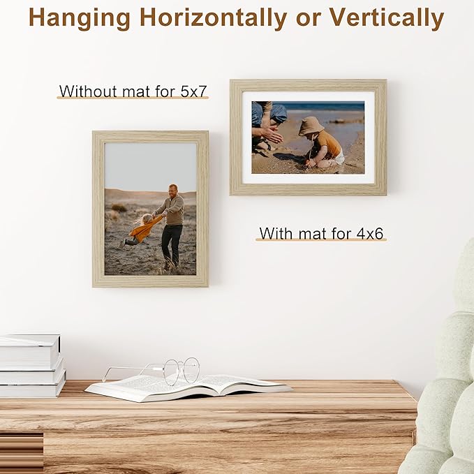 Vittanly 5x7 Picture Frame, Solid Wood Frame with Plexiglass, Includes 4x6 Mat, Wall Hanging or Tabletop for Home Decor, Light OAK, 1 Pack