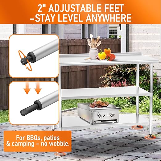 HOCCOT Stainless Steel Table 24" x 48" with 2 Adjustable Undershelves and Backsplash, Commercial Metal Workstations for Kitchen, Garage, Outdoor BBQ