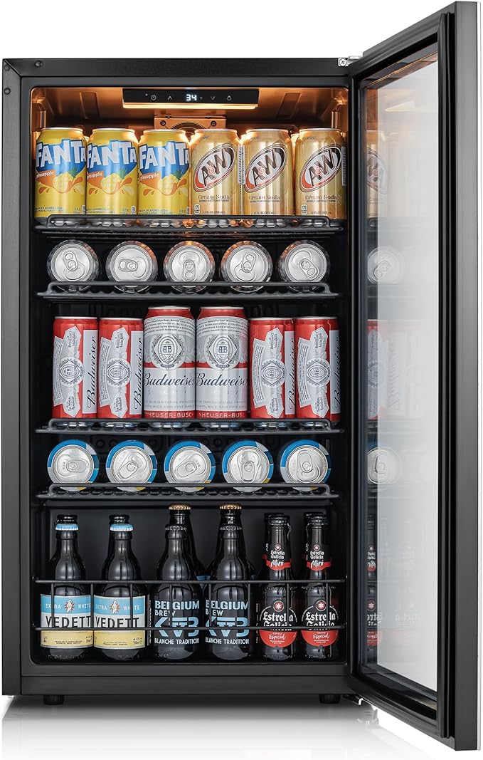 Ca'Lefort 130 Cans Beverage Cooler Mini Fridge, Beverage Refrigerator with Reversible Glass Door, Adjustable Shelves for Soda, Beer & Wine, Digital Temperature Control for Home, Office, Bar or Dorm