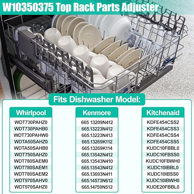 Upgraded W10350375 Dishwasher Top Rack Adjuster Parts & W10195372 W10195373 Dishwasher Rack Adjuster Housing for Whirlpool WDT730PAHZ0, WDT750SAHZ0, Fit Kenmore Kitchenaid Dishwasher Parts Upper Rack