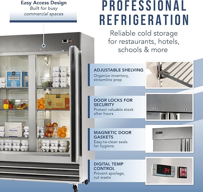 PEAKCOLD Double Door Commercial Refrigerator - 47 Cubic Ft, 54" Wide Stainless Steel Reach-In Commercial Refrigerator with White Internal Lighting - Freestanding Industrial Fridge
