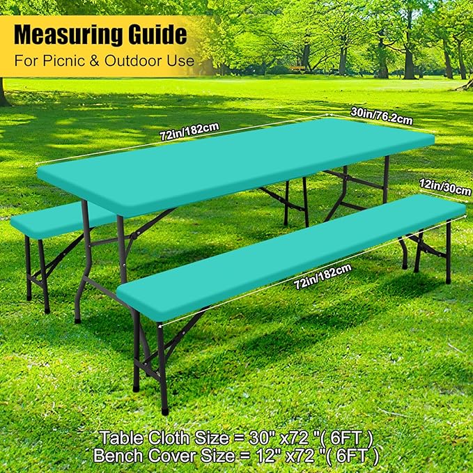 Smiry Picnic Table Cover with Bench Covers, Waterproof Elastic Fitted Polyester Tablecloths for 6 Ft Rectangle Tables, Washable Windproof Tablecloth for Camping, RV & Outdoor (Teal, 30x72 Inches)