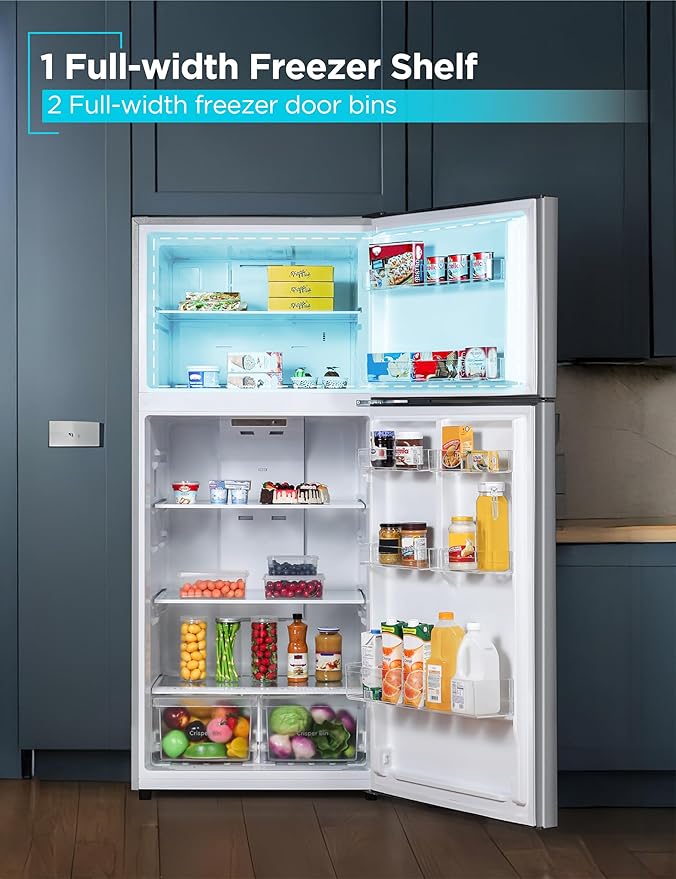 BLACK+DECKER 18.1 Cu. Ft. Top Mount Refrigerator with Freezer, 2 Door Refrigerator with Top Freezer and Adjustable Temperature Control, ENERGY STAR Certified, BR1810HS, Stainless Steel Look