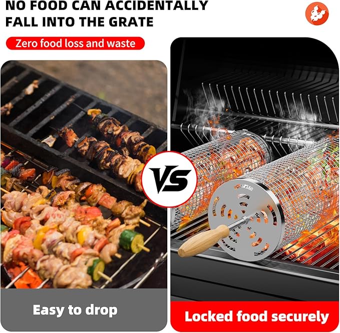 Rolling Grill Basket Grilling Gifts for Men, Nesting Grilling Baskets for Vegetable Small Meat, Removable Handle, 304 Stainless Steel, Outdoor Grill Accessory BBQ Gift for Birthday & Christmas