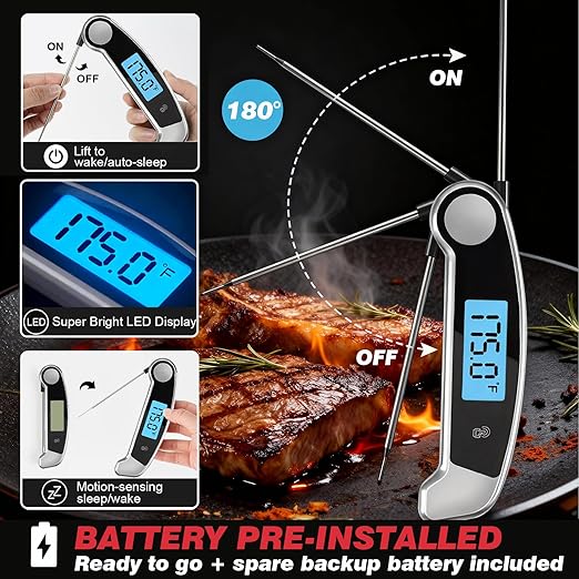 Meat Thermometer Digital Waterproof Instant Read Thermometer for Cooking Food Thermometer with Backlight & ±0.5℃ Precision Cooking Thermometer for Kitchen ℃/℉ Convertible Grey