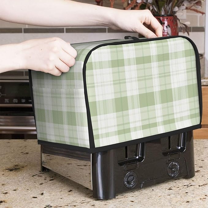 2 Slice Toaster Cover for Kitchen Pastel Green Buffalo Plaid Waterproof and Dustproof Toaster Dust Cover with Side Pockets Decorative Universal Cover for Wide Slot Toasters and Small Appliances