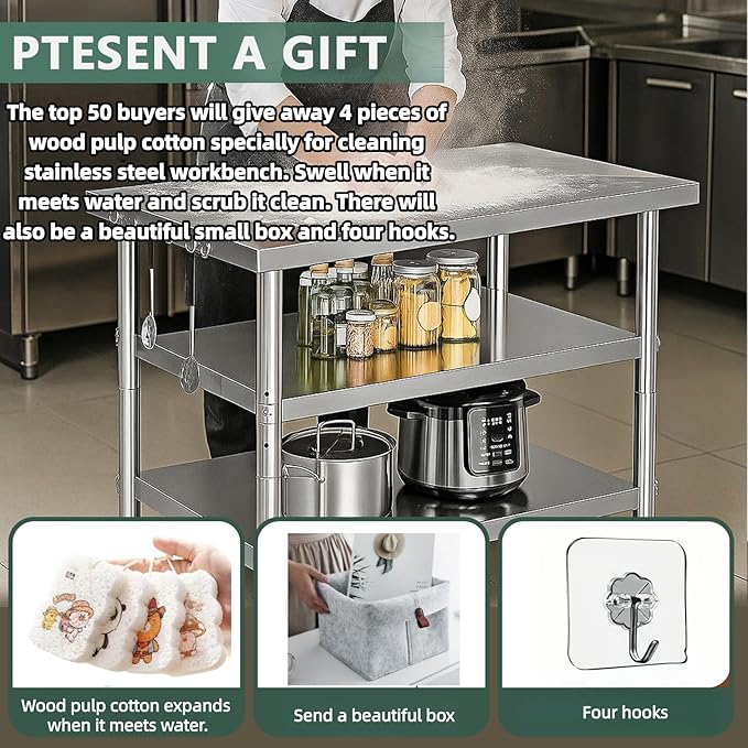 Stainless Steel Table with Wheels for Food Preparation and Work, Multi-Size Optional, Three-Layer Variable Two-Layer Metal Commercial Workbench Outdoor, Restaurant, Kitchen (51" Lx32 Wx34 H)