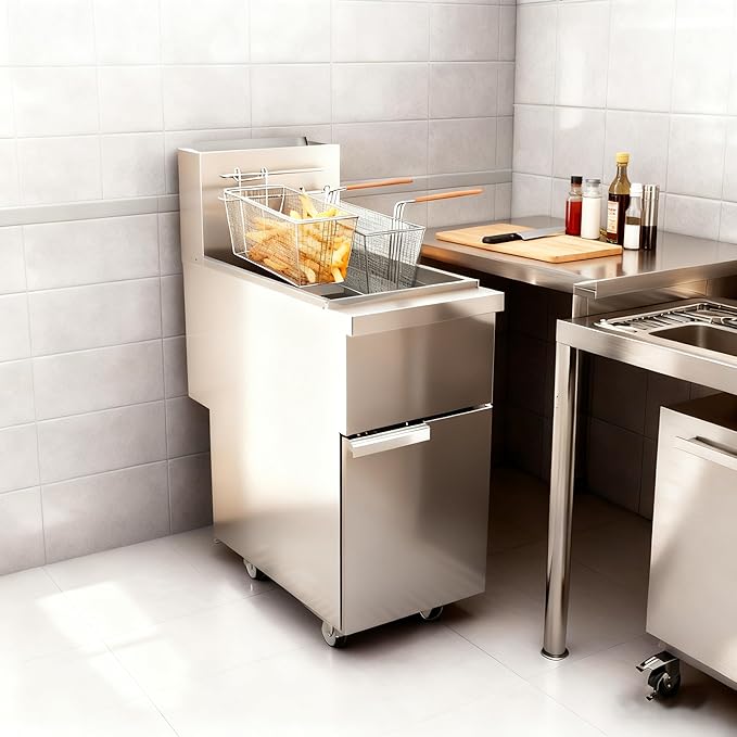 Commercial Natural Gas Deep Fryer, 120,000 BTU Stainless Steel Gas Floor Fryer with 2 Baskets, 50 LBS Capacity, 200°F-400°F, 4 Heating Tubes (Silver)