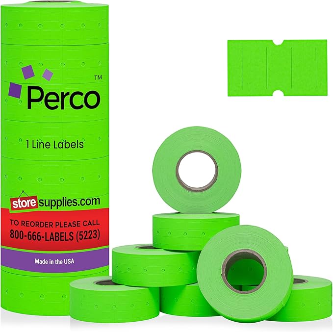 Perco 1 Line Fluorescent Green Labels - 8 Rolls, 1 Sleeve, 8,000 Blank Price and Date Gun Labels for Perco Lite, X, Plus and Pro 1 Line Price and Date Guns - Made in USA