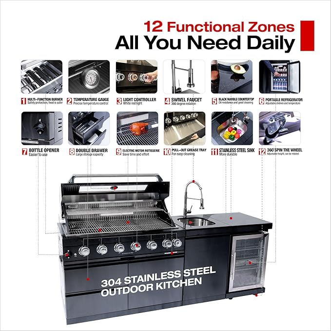 82 Inch Natural Gas Outdoor Kitchen Island with Grill - 6-Burner 85000 BTU, Height-Adjustable Infrared Rear Burner, Built-in Sink/Refrigerator/Wine Cooler, Granite Countertops & Rotisserie Kit