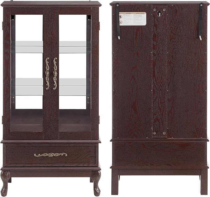 51" H Lighted Curio Cabinet Display Case, Glass Curio Cabinet with Adjustable Shelves,Tempered Glass Door and Drawer, Wooden Cabinets w/Mirrored Back Pane for Living Room (Dark Cherry)