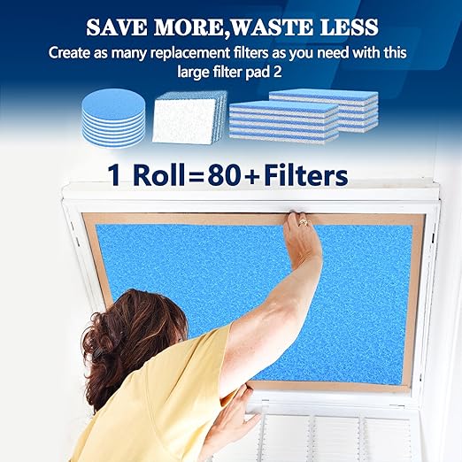 MERV 8 Air Vent Filters, 12" x 90"X 2Roll Cut to Fit Air Filter Material (100+ Filters),Electrostatic Triple Vent Filter for Floor, Ceiling, HVAC & RV Vents, Includes 48 Adhesive Hook Tape
