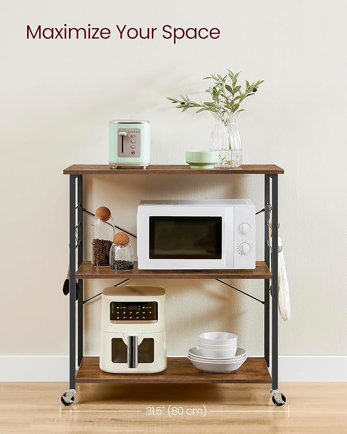 VASAGLE Kitchen Shelf on Wheels, 31.5 Inches Serving Cart with 3 Shelves, Kitchen Cart, Microwave Shelf, for Mini Oven, Toaster, with 6 Hooks, Industrial Style, Rustic Brown and Ink Black UKKS067K01