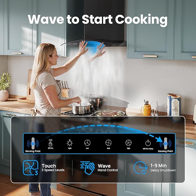 Black 36 inch Wall Mounted Range Hood Glass 900 CFM, Stainless Steel Kitchen Hood Vent with Gesture/Touch Controls, 3-Speed Exhaust Fan and Stainless Steel Baffle Filter, 2 LED Lights