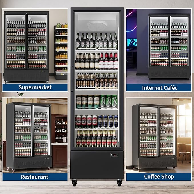 PeakPursuit Commercial Refrigerator 17.7 Cu.ft Beverage Cooler, Glass Door Display Fridge with 5 Adjustable Shelves, Large Capacity Bar Fridge for Restaurant, Store, Upright Freezer for Home, Black