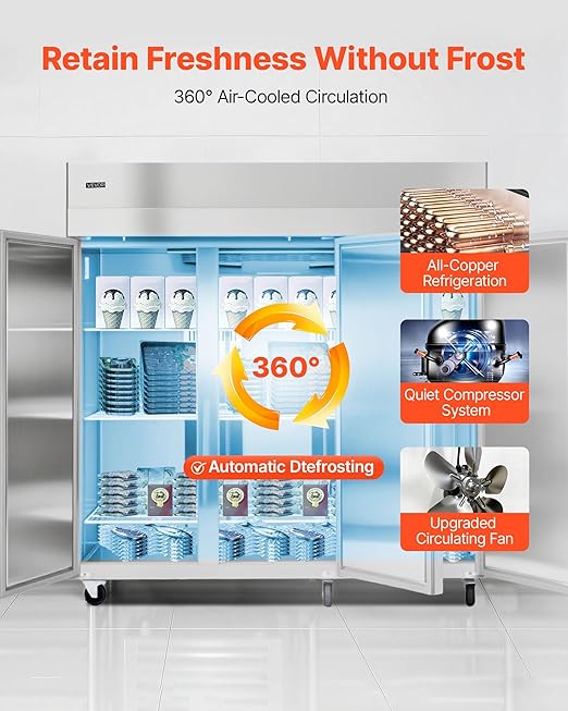 VEVOR Commercial Reach-In Freezer 72" W, 52 Cu.Ft Stainless Steel Upright Freezer with Three Doors, Auto-Defrost, 12 Adjustable Shelves, -11 to 14℉ Temp Control, UL Certified
