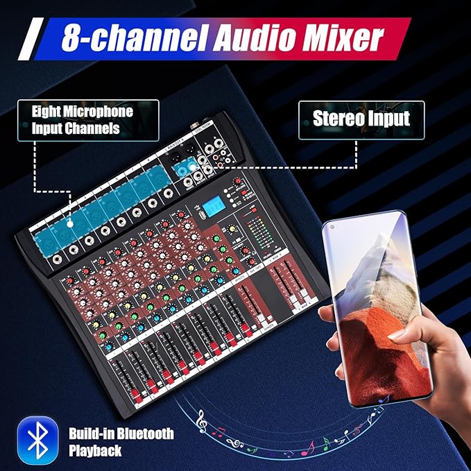 8 Channel Professional Audio Mixer, DJ Controller Sound Mixer Bluetooth Compatible Bluetooth Sound Board DJ Mixers with 48V Phantom Power USB Interface Stereo Mixing Console